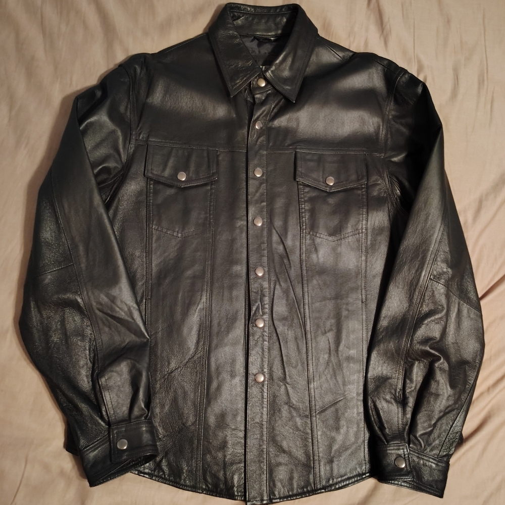 NEW Bikers Club Mens Full Grain Black Leather Motorcycle Jkt sz Lg Snap Front